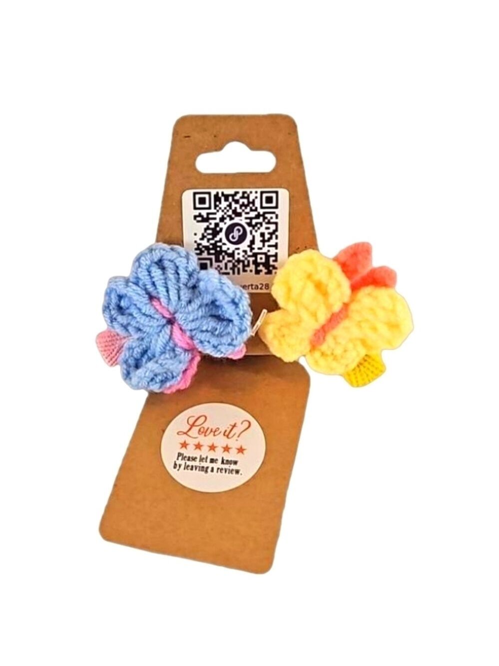 Hand Crafted Hand Knit Crochet Butterfly Hair Clip blue-yellow 1" Alligator clip - Picture 3 of 17